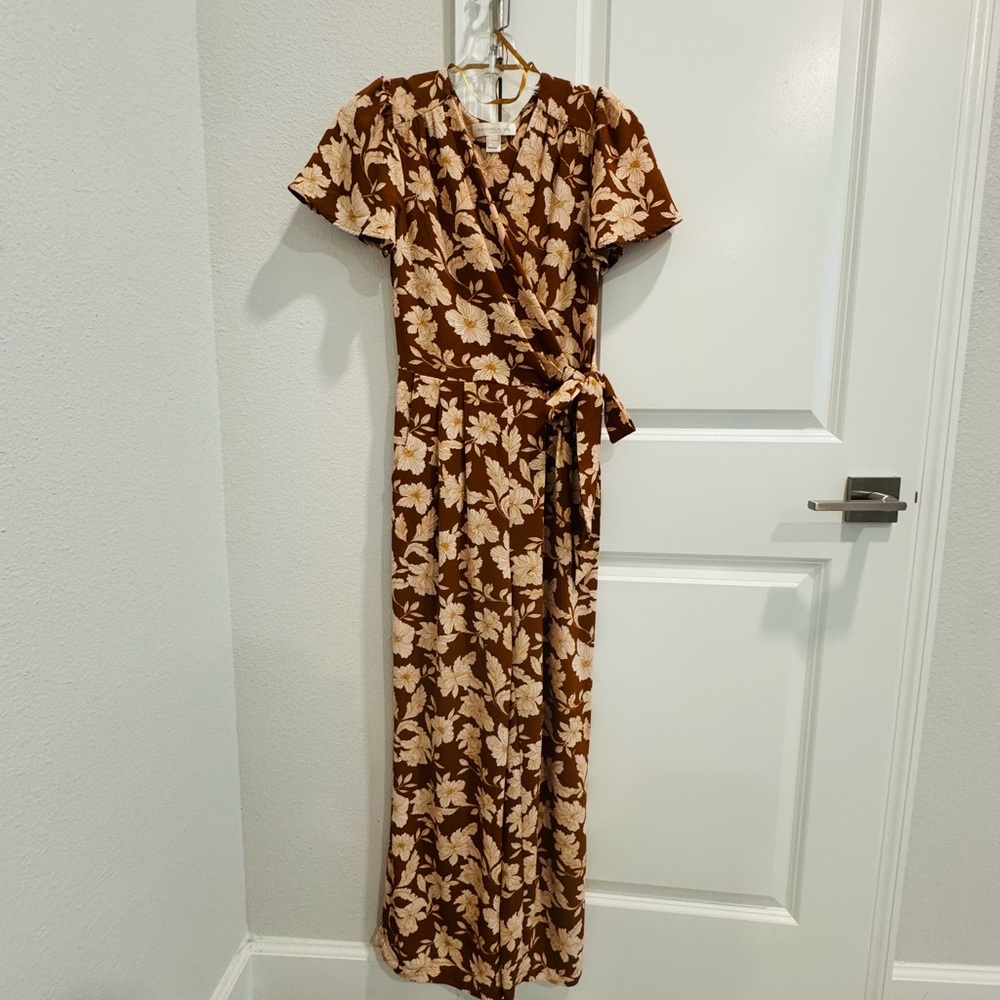 Chic Floral Wrap Jumpsuit in Brown and Cream
